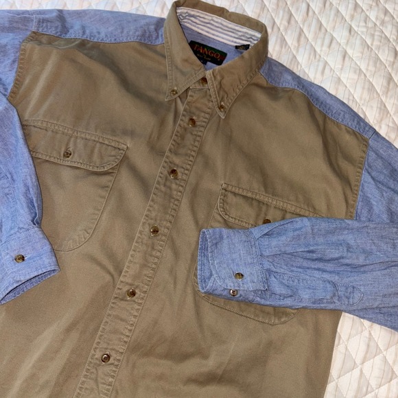 Vintage 90s Tango by Max Raab Two Tone Button Down Shirt L Khaki Chambray USA - Picture 1 of 8